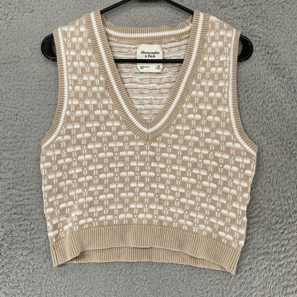Abercrombie & Fitch Sweater Vest Womens M Beige Cotton V Neck Geometric Knit - Picture 2 of 13